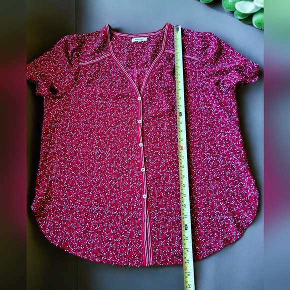 Max Studio Red White & Turquoise Button Down V Neck Flowy Blouse - Picture 5 of 10